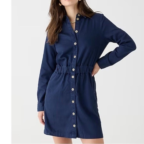 NWT J. Crew Women’s 4 Navy Blue Long Sleeve Button-Front Chino Mini Dress - Picture 2 of 6
